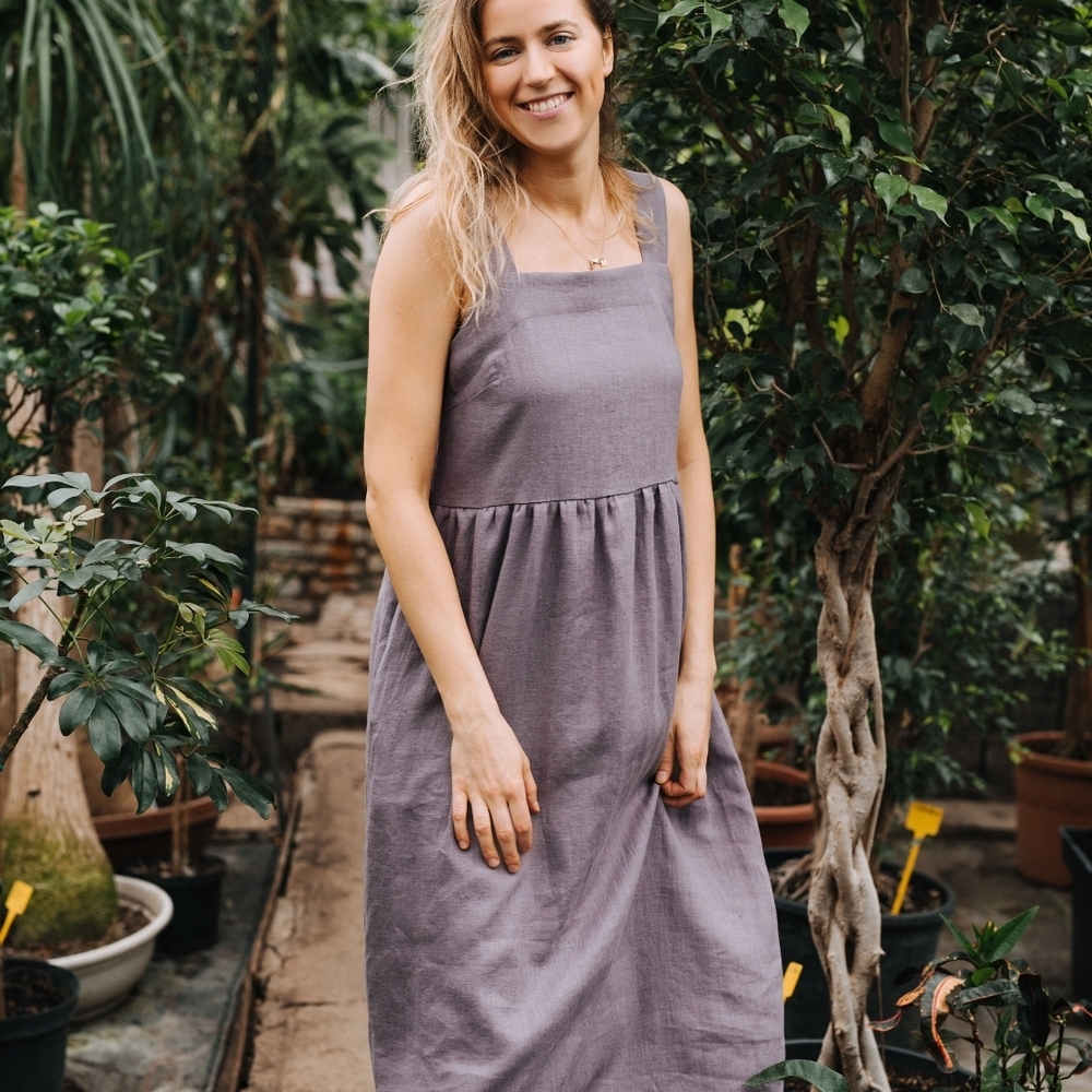 Red Linen Pinafore Dress With Pockets. Handmade Cottagecore Picnic Dress